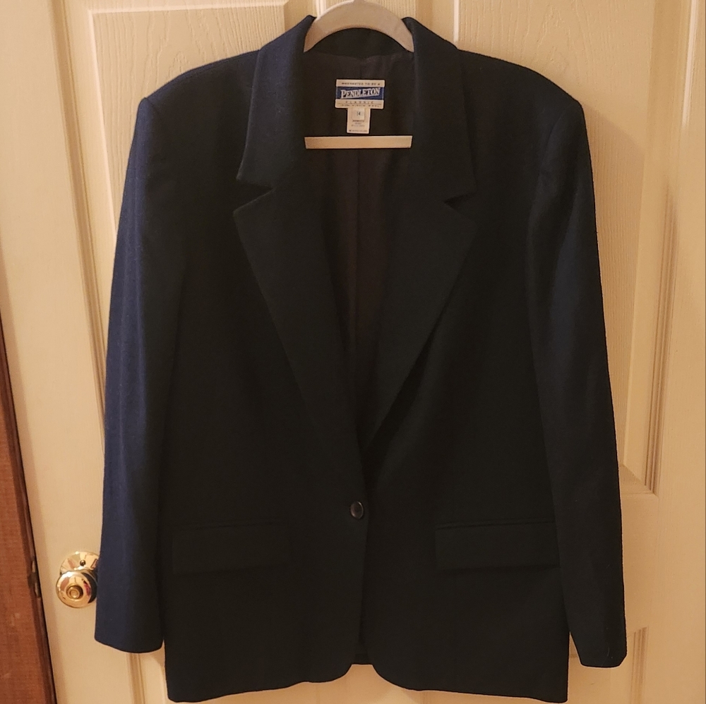 Pendleton Vintage Dark Navy Blue 100% Virgin Wool Button Lined Dress Blazer 14